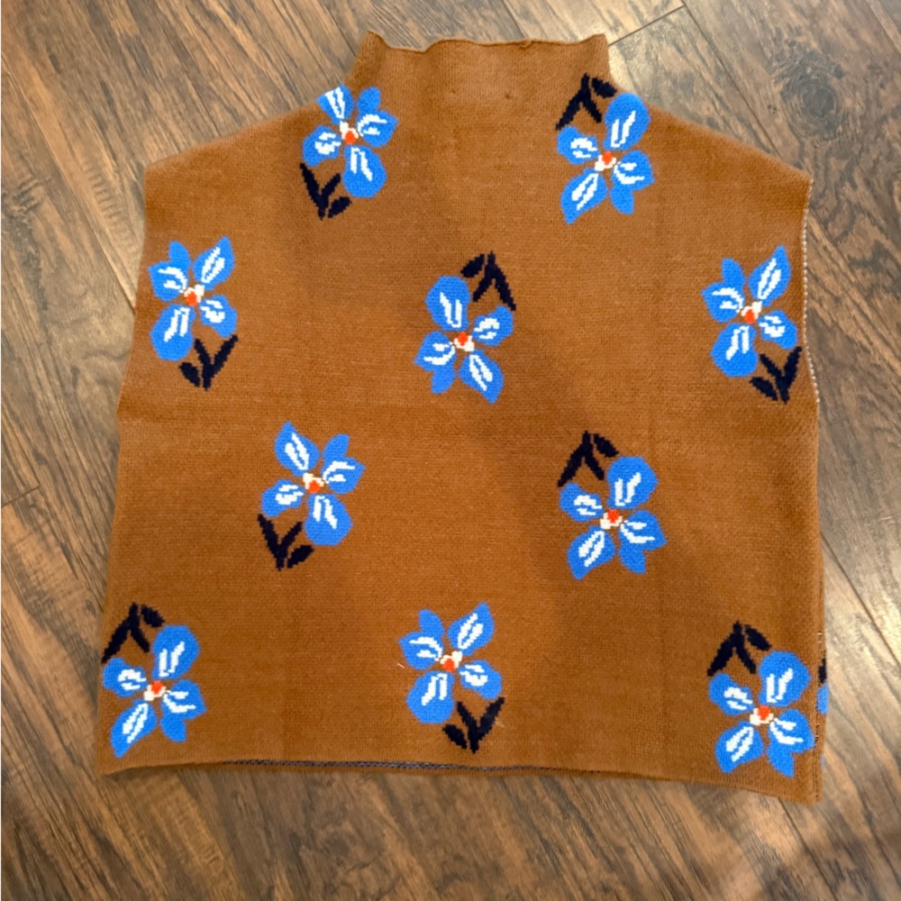 THML Knit Cowl Neck Chestnut Sleeveless Sweater With Blue Florals Size Large - Picture 3 of 10